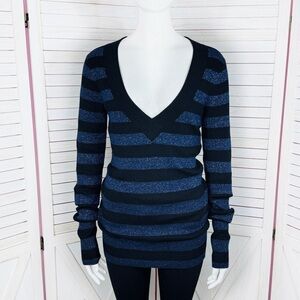 Express Y2k Sweater Women Large Blue Black Striped Shimmer Deep V Neck Going Out